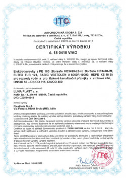 Elektrotvarovky z PE100 - certifikát